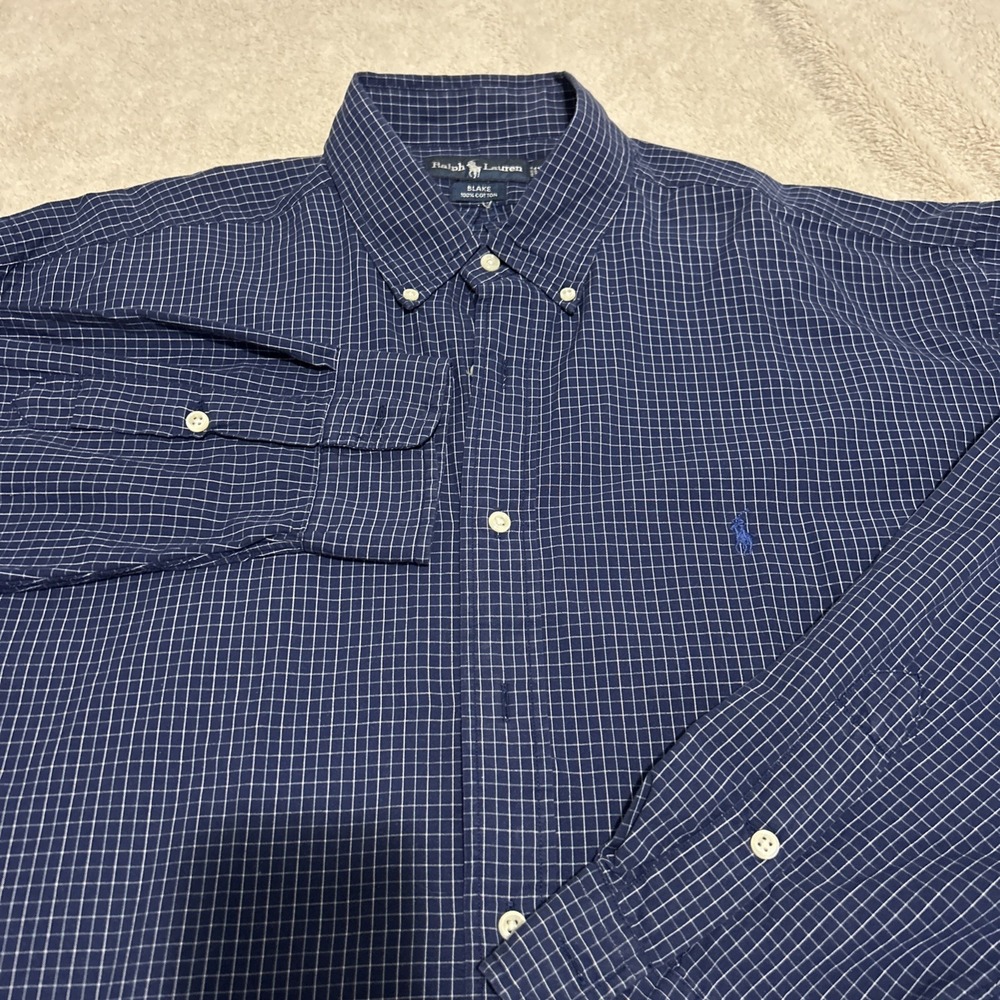 Polo Ralph Lauren Shirt Men 2XL Navy Blake Check Button Down BluePony